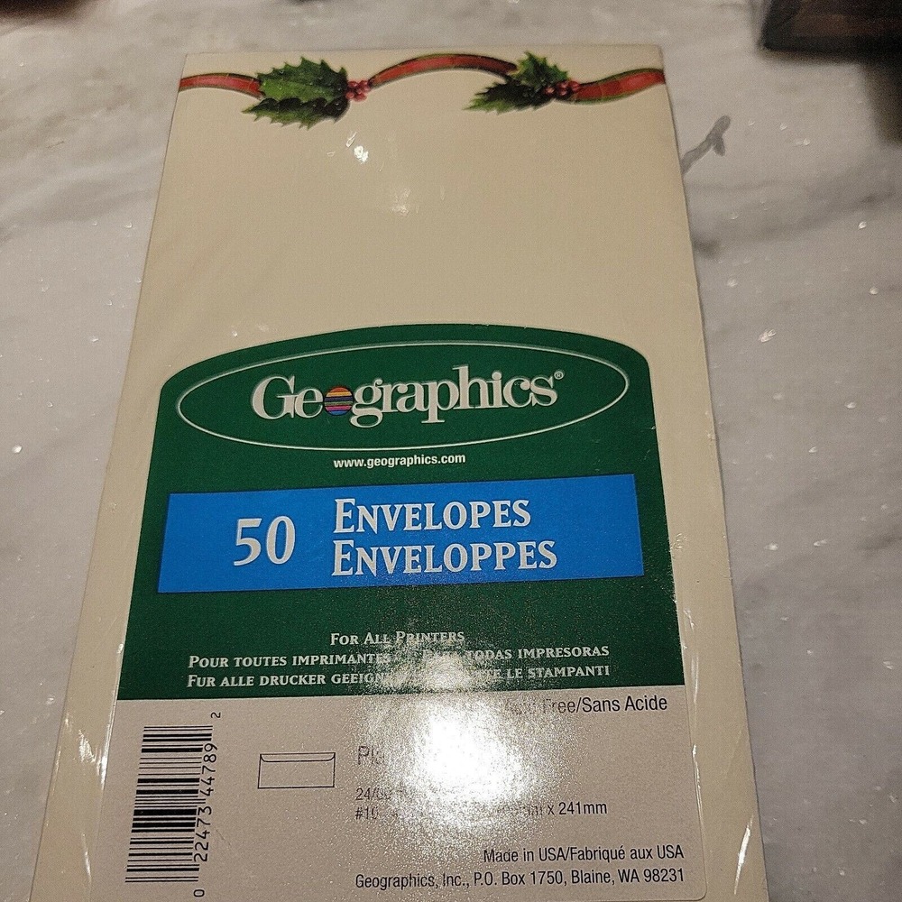 Geographics Holiday Holly Ribbon Envelopes 50 Count #10 Ivory Stationery 44789 - Picture 2 of 3